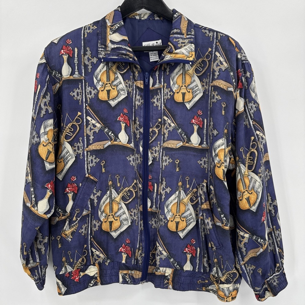 VTG Silk Road 100% Silk Track Jacket Women's M Musical Instruments Abstract  80s